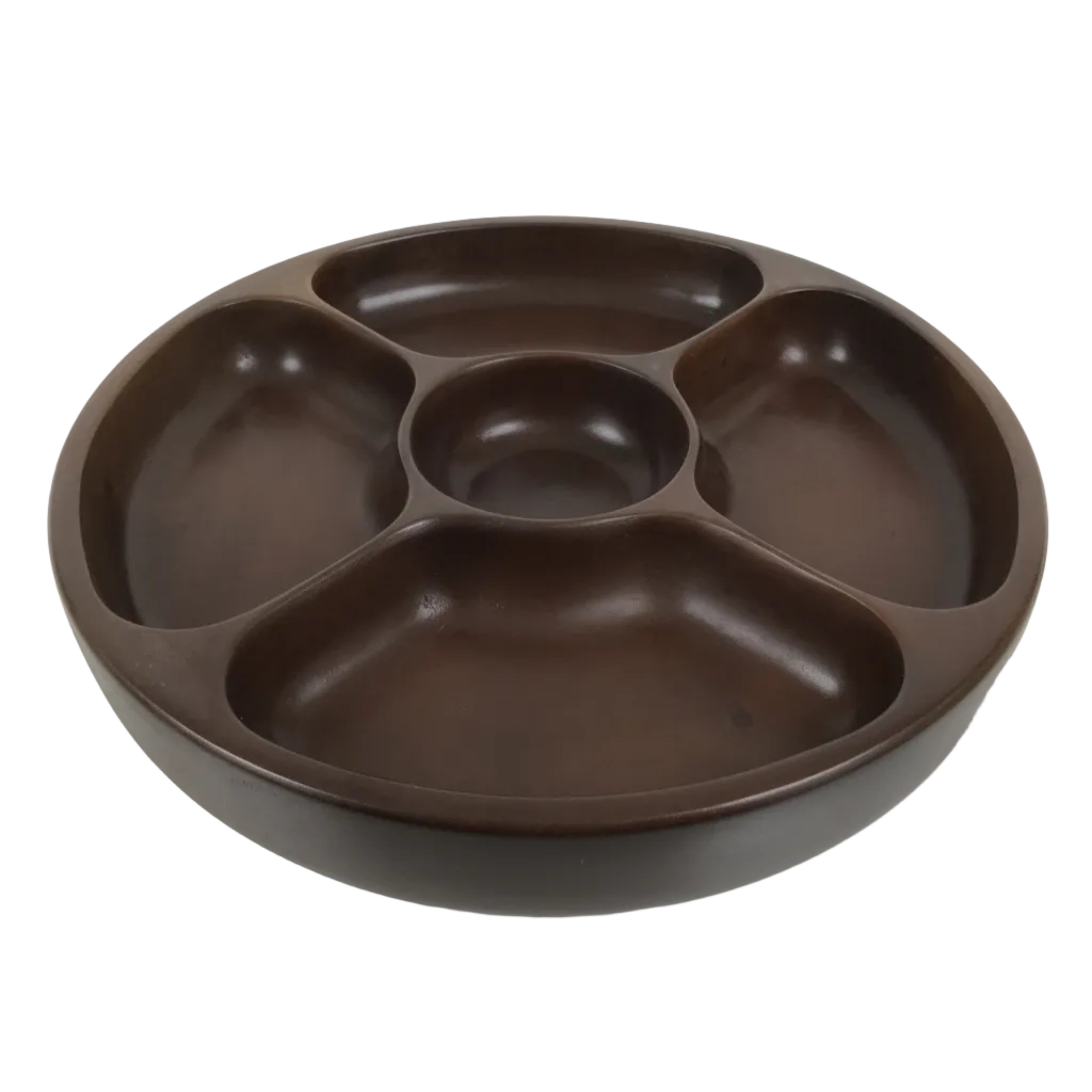 Japanese Lacquered Wooden Serving Plate Vtg Round Dish Five Partition Brown L609