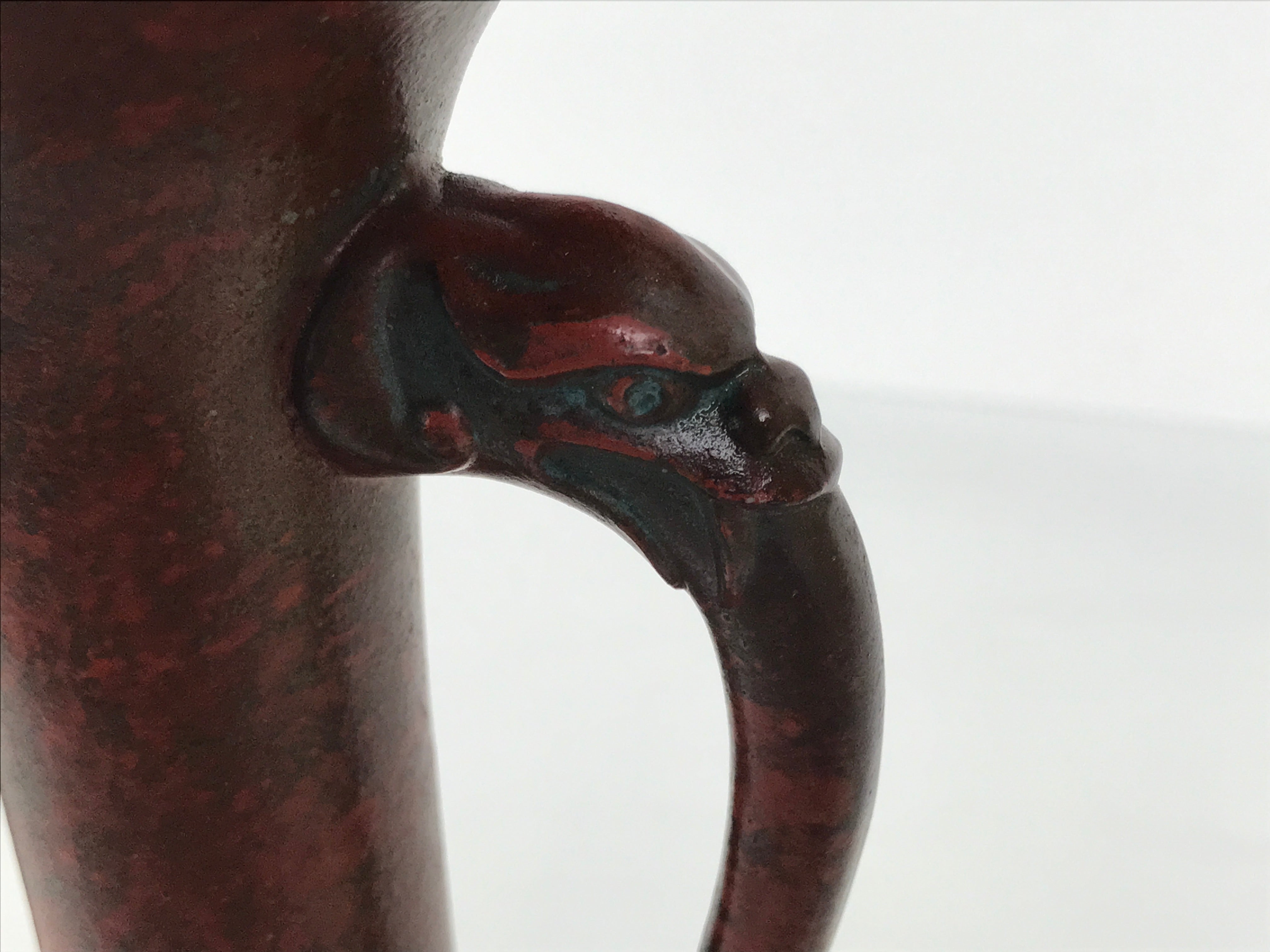 Japanese Metal Flower Vase Vtg Ikebana Kabin Brown Shishi Lion Handle FK228