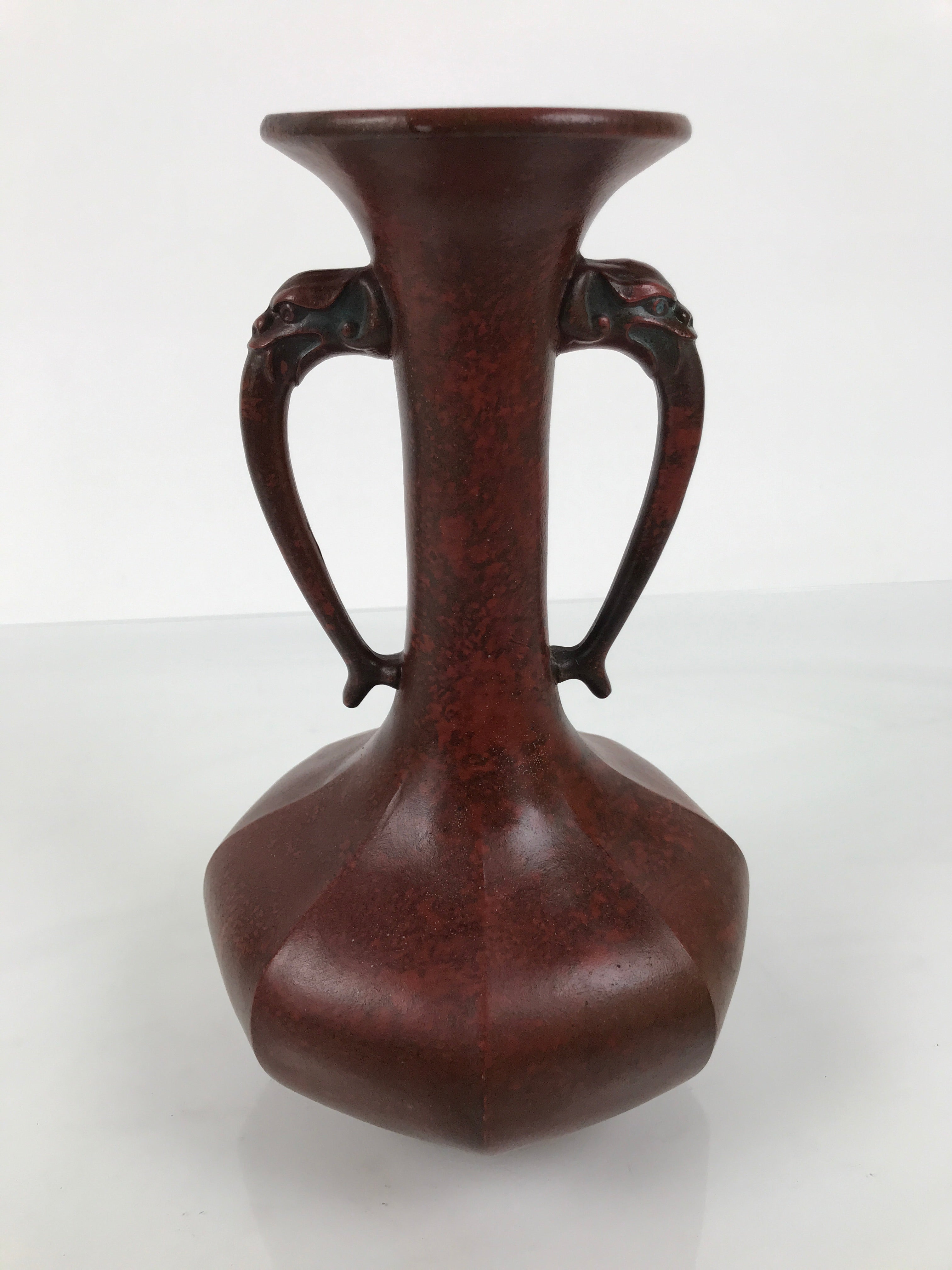 Japanese Metal Flower Vase Vtg Ikebana Kabin Brown Shishi Lion Handle FK228