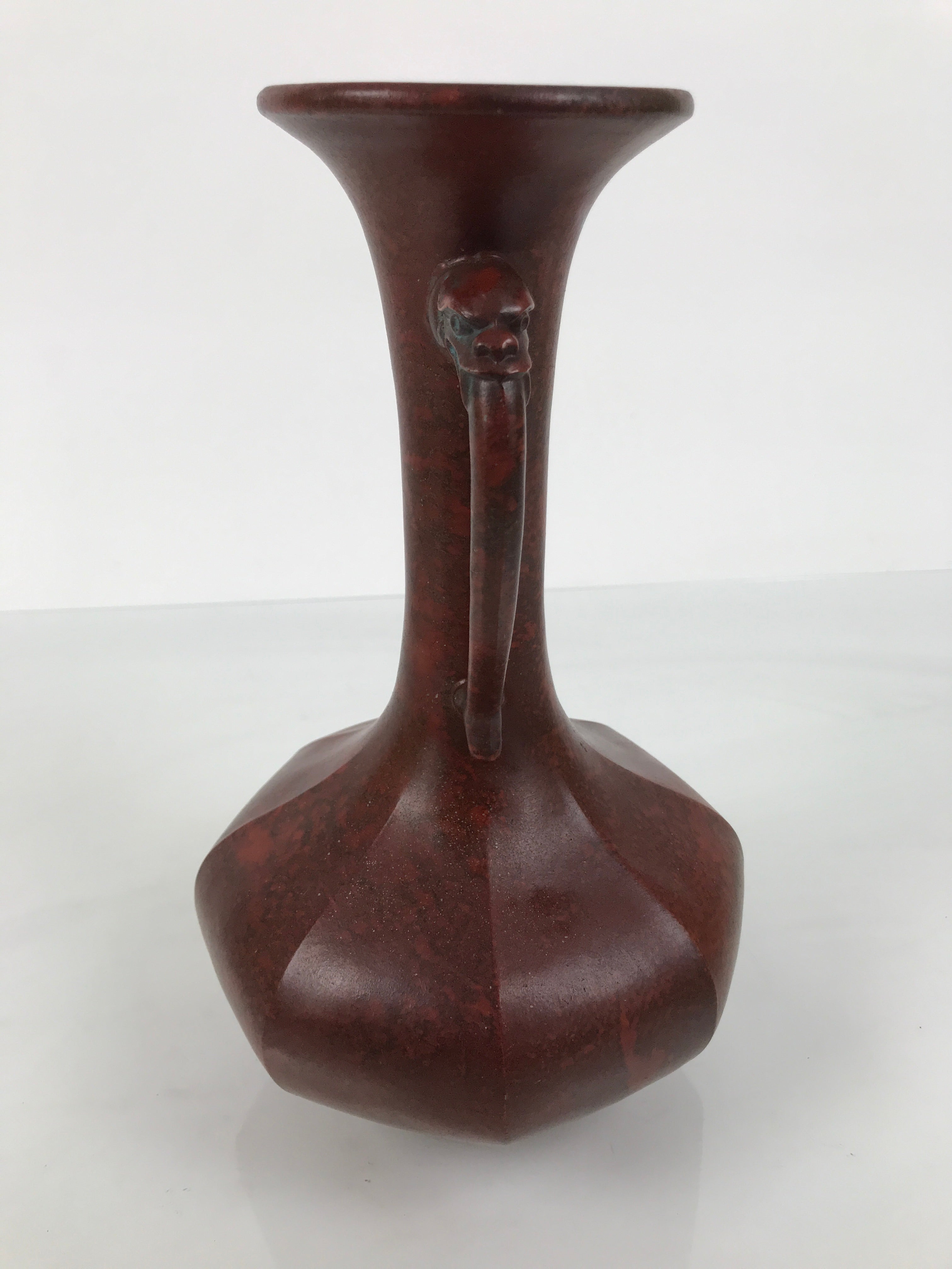 Japanese Metal Flower Vase Vtg Ikebana Kabin Brown Shishi Lion Handle FK228