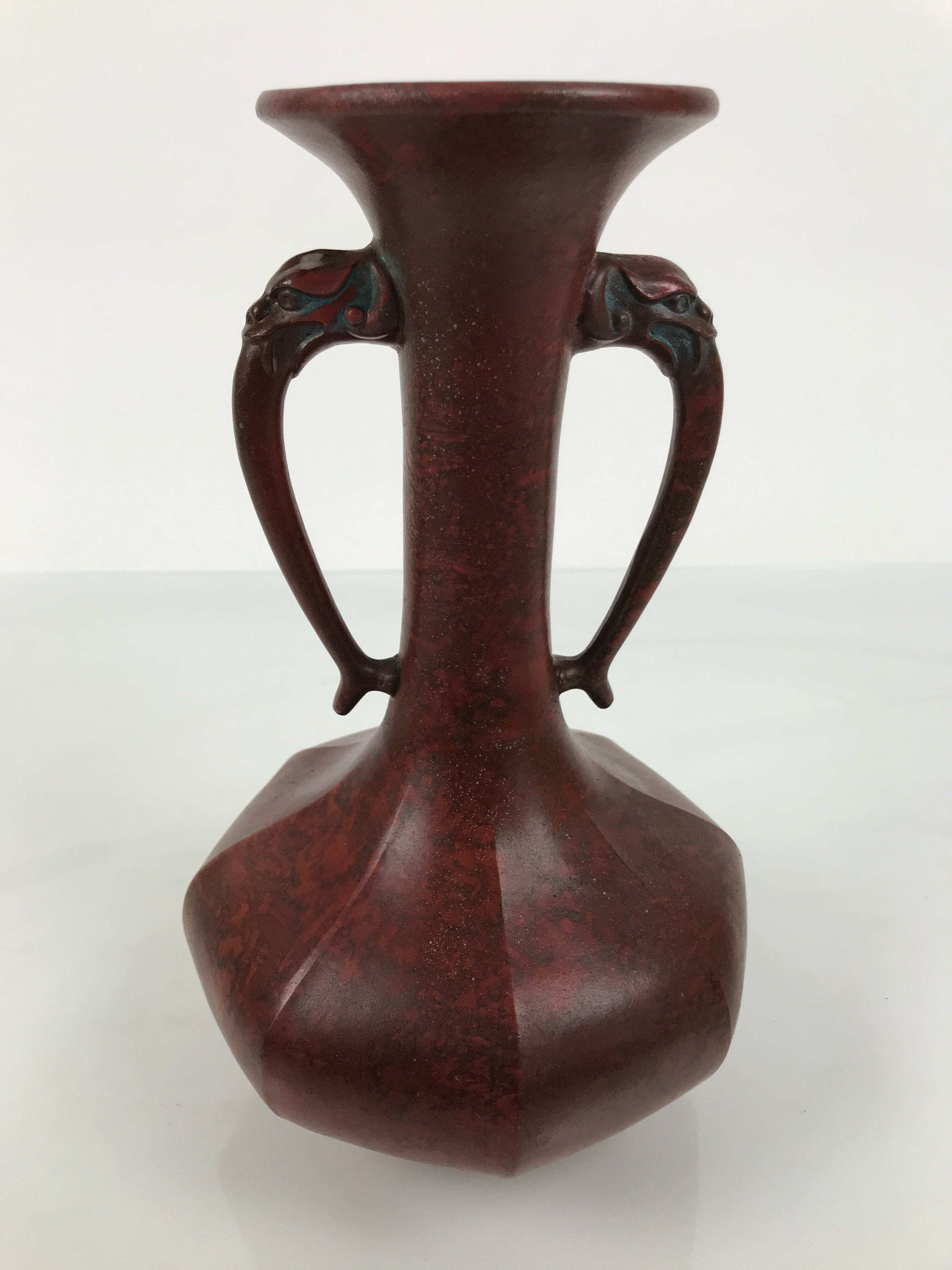 Japanese Metal Flower Vase Vtg Ikebana Kabin Brown Shishi Lion Handle FK228