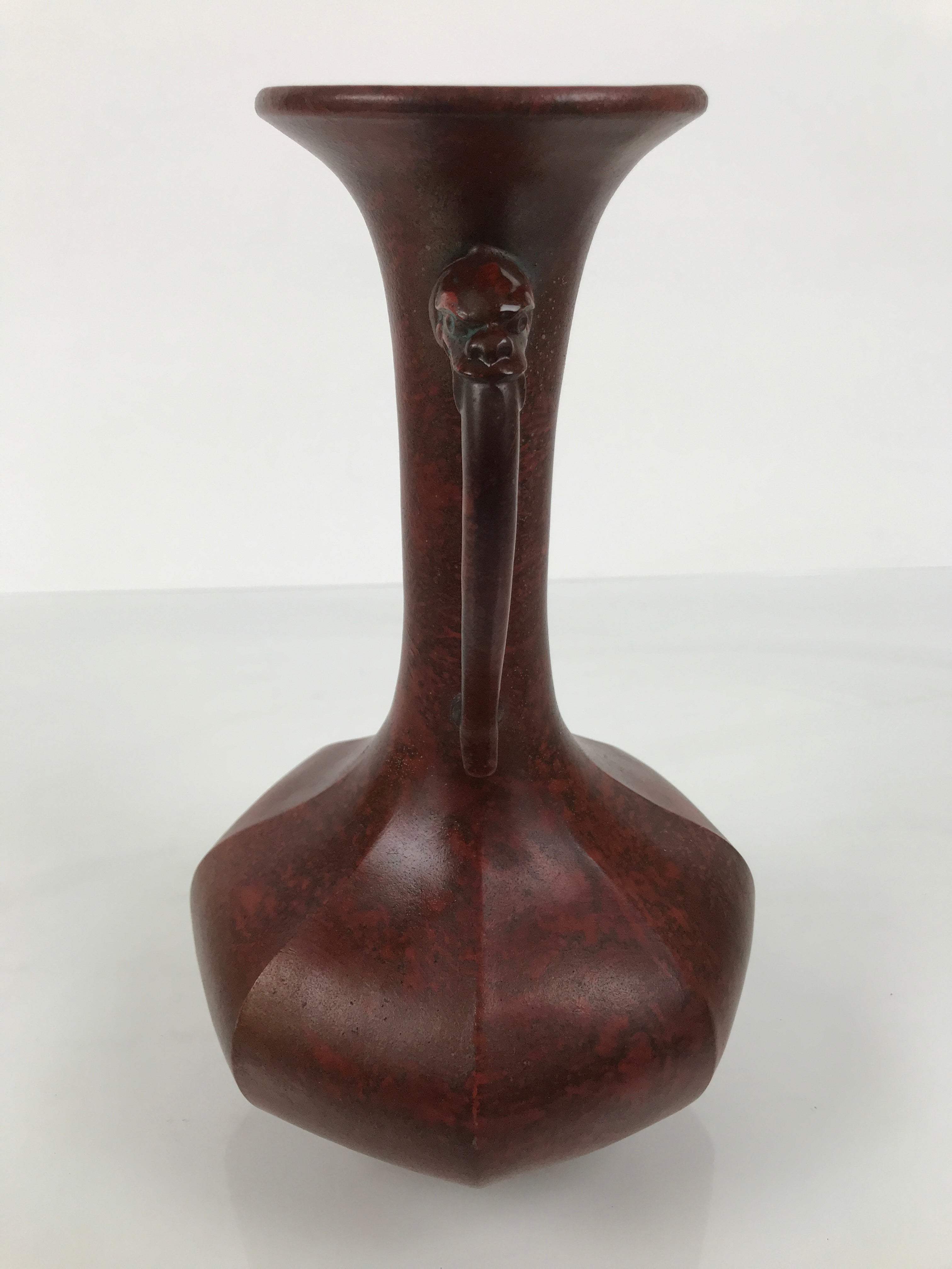 Japanese Metal Flower Vase Vtg Ikebana Kabin Brown Shishi Lion Handle FK228