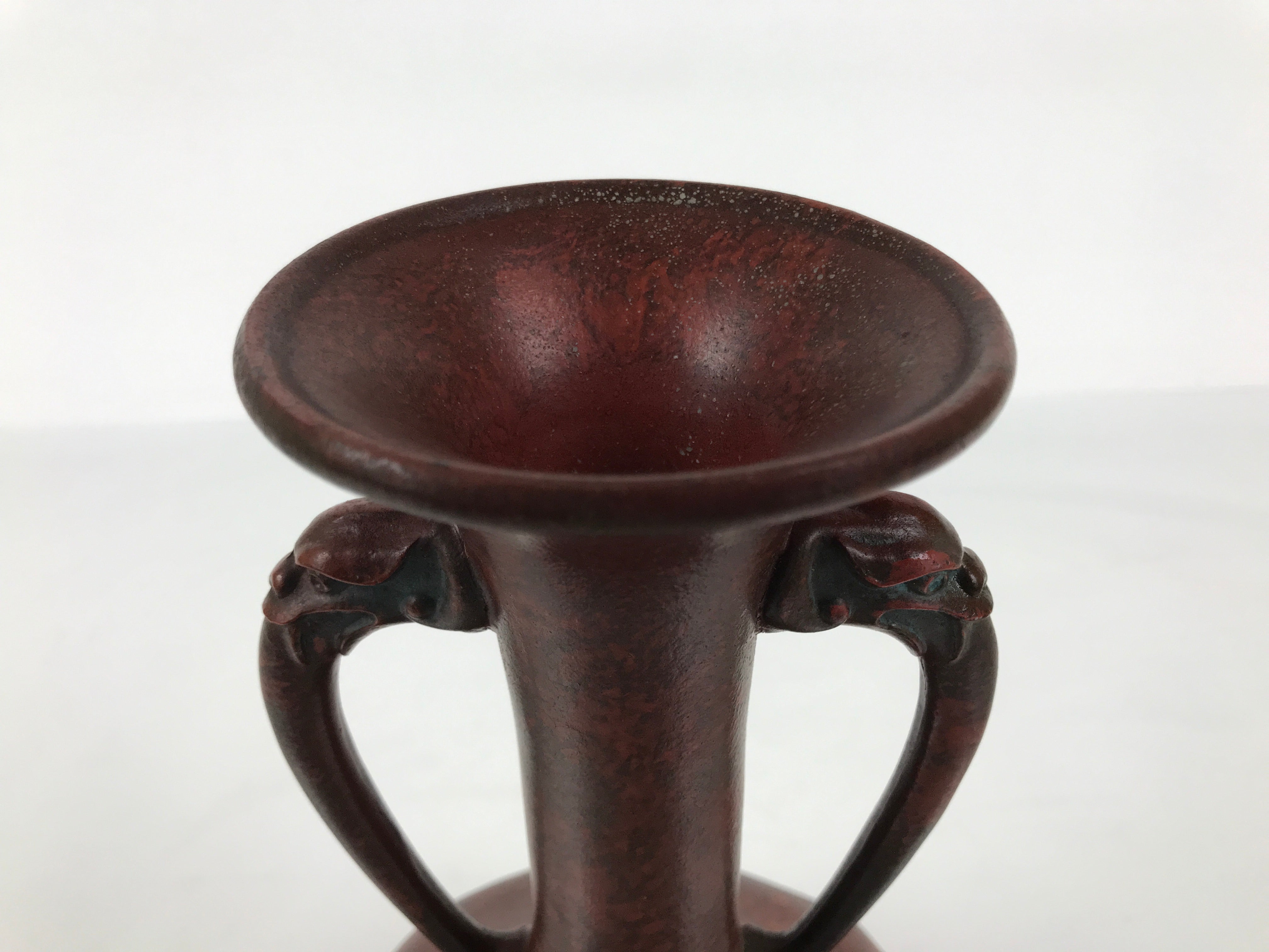 Japanese Metal Flower Vase Vtg Ikebana Kabin Brown Shishi Lion Handle FK228