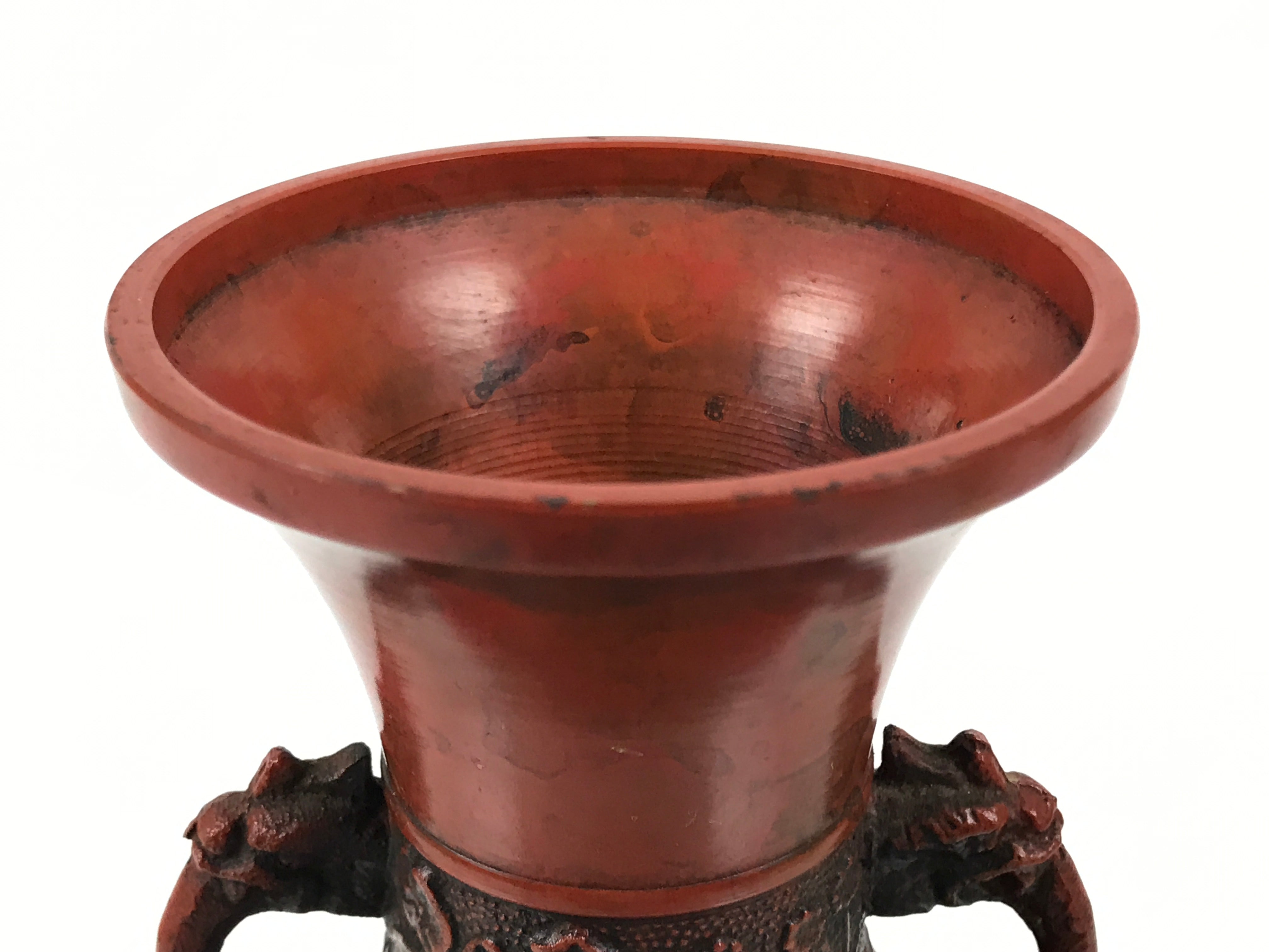 Japanese Metal Flower Vase Vtg Ikebana Kabin Brown Shishi Lion Handle FK229