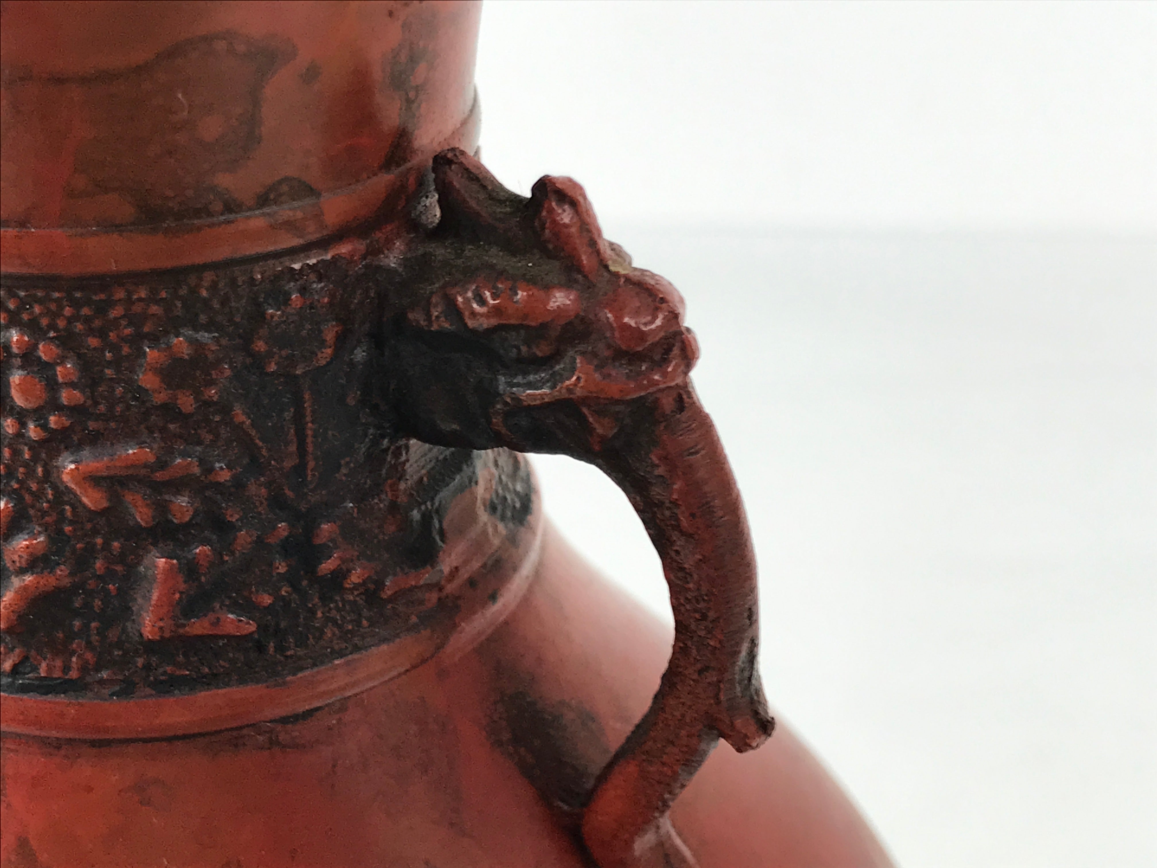 Japanese Metal Flower Vase Vtg Ikebana Kabin Brown Shishi Lion Handle FK229