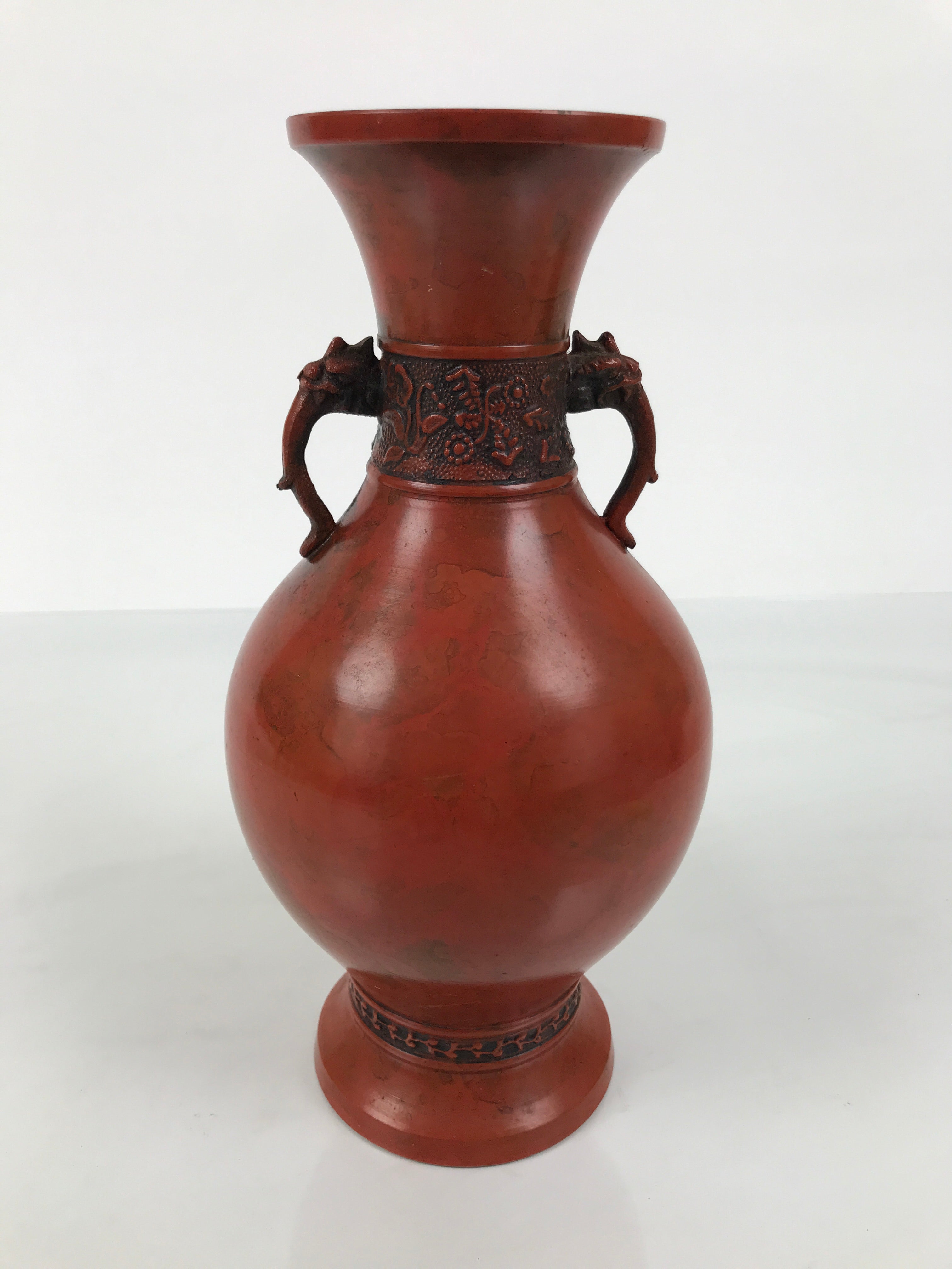 Japanese Metal Flower Vase Vtg Ikebana Kabin Brown Shishi Lion Handle FK229