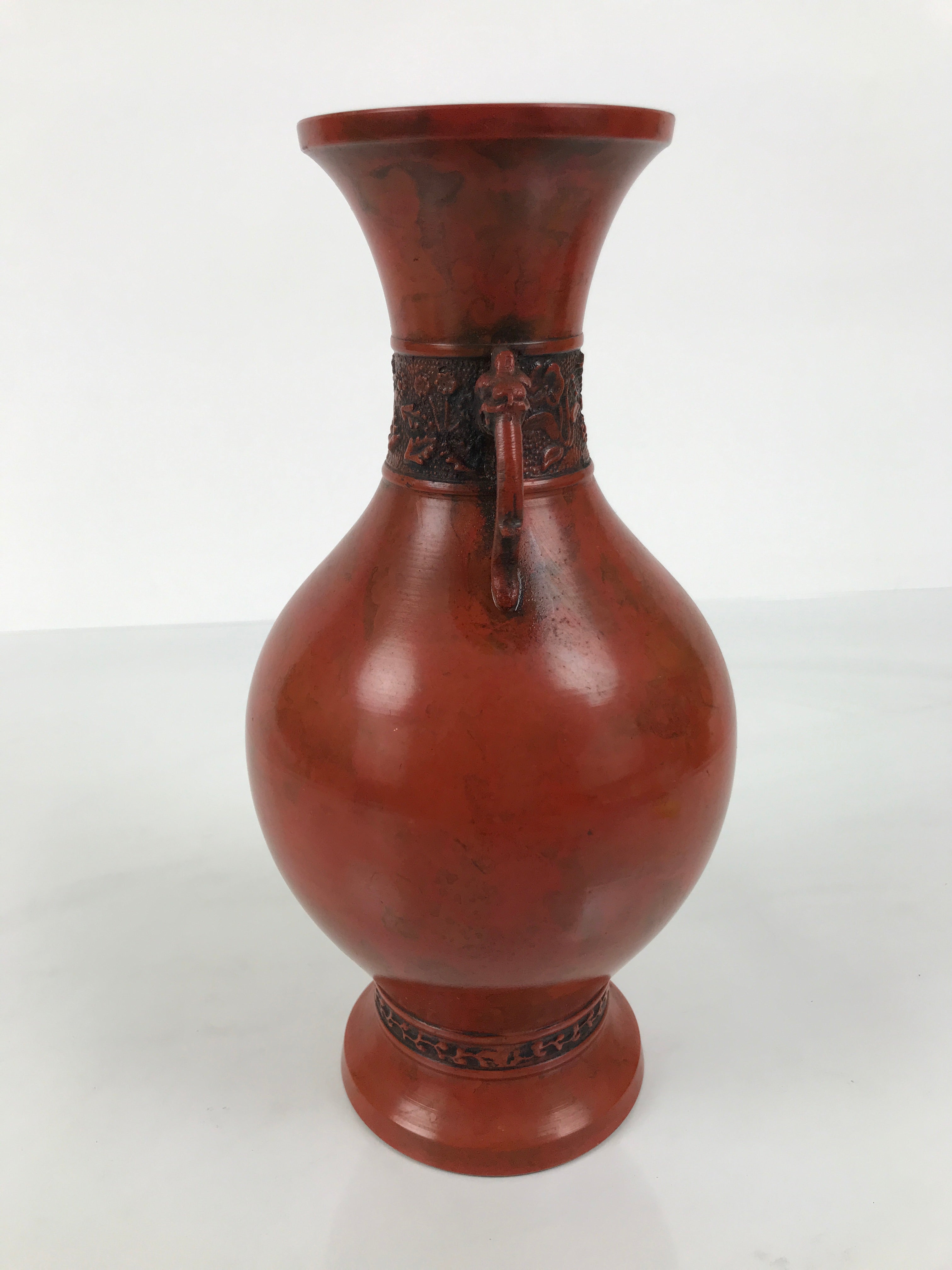 Japanese Metal Flower Vase Vtg Ikebana Kabin Brown Shishi Lion Handle FK229