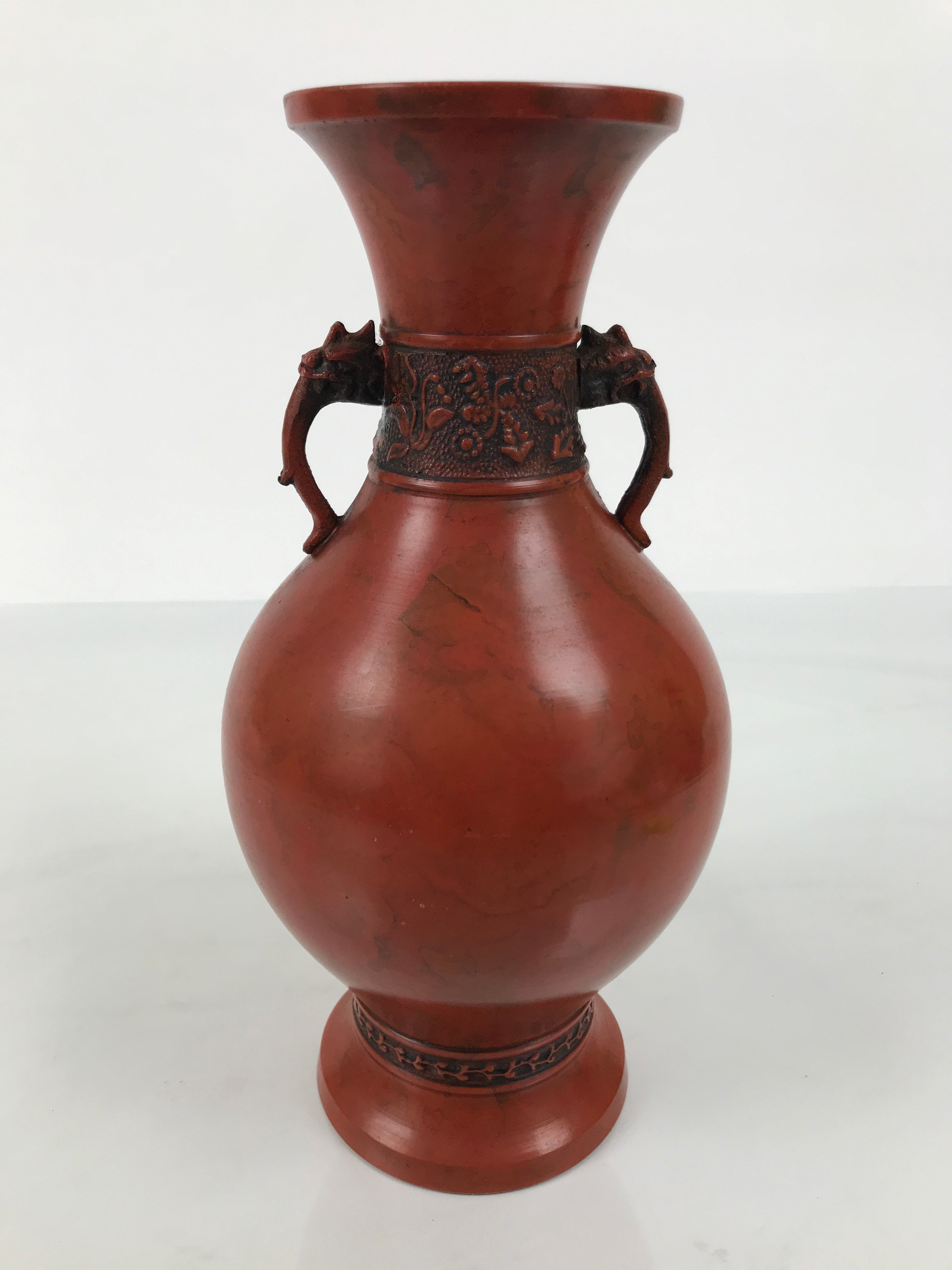 Japanese Metal Flower Vase Vtg Ikebana Kabin Brown Shishi Lion Handle FK229