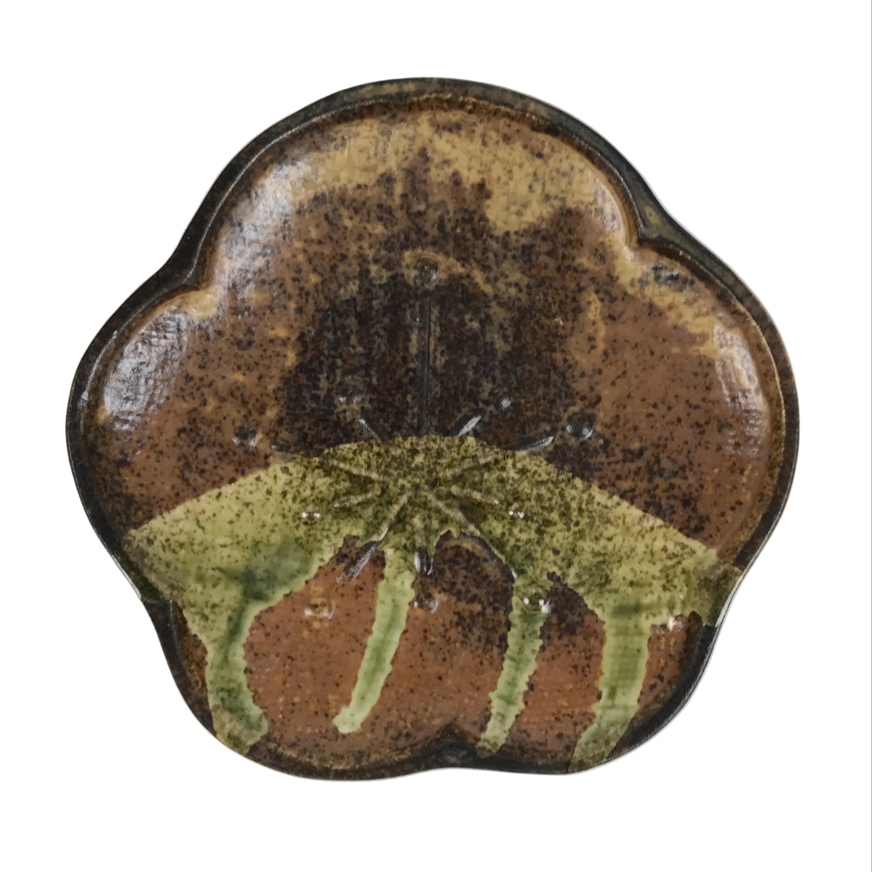 Japanese Oribe Ceramic Small Plate Kozara Pottery Green Brown Plum Blossom Y569