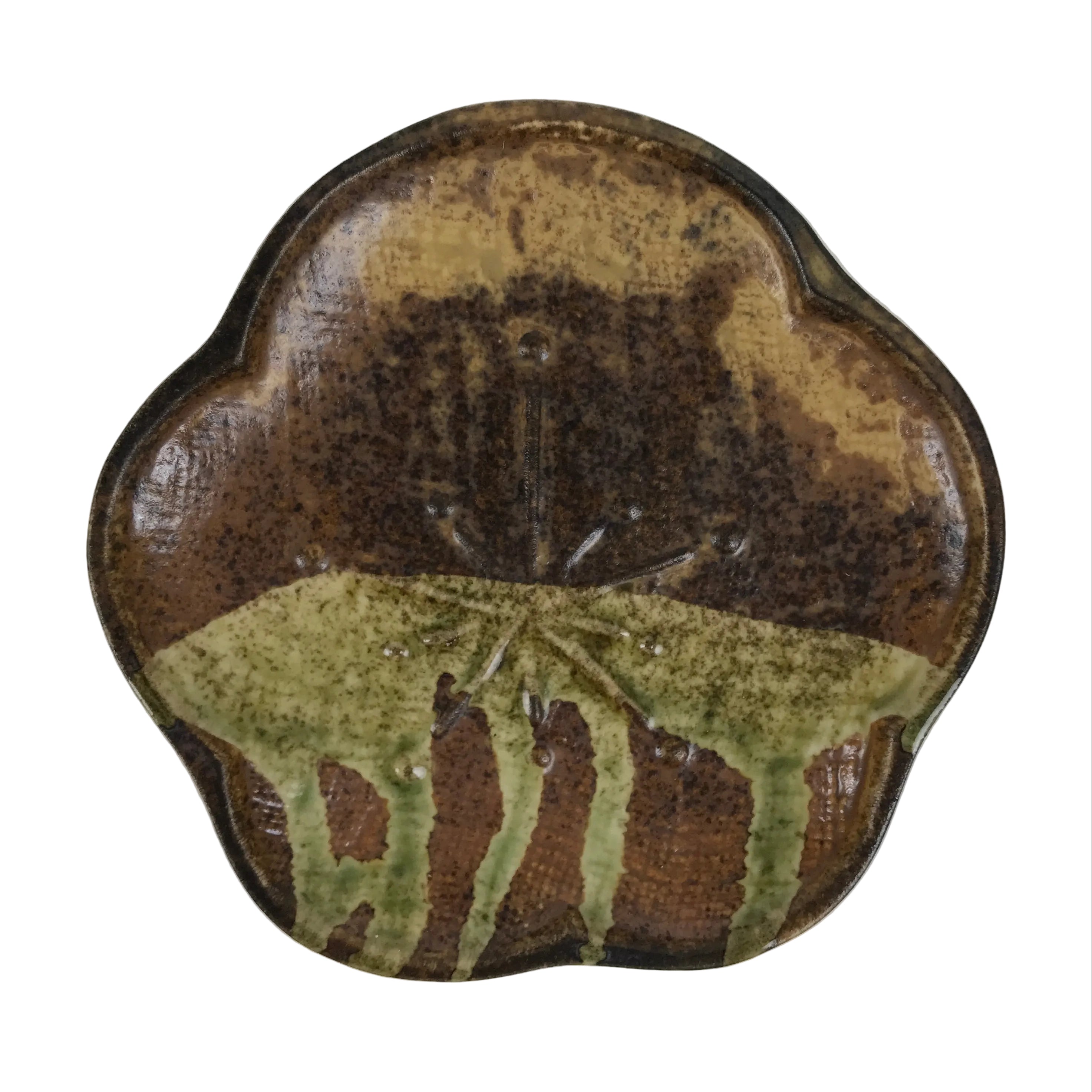 Japanese Oribe Ceramic Small Plate Kozara Pottery Green Brown Plum Blossom Y570