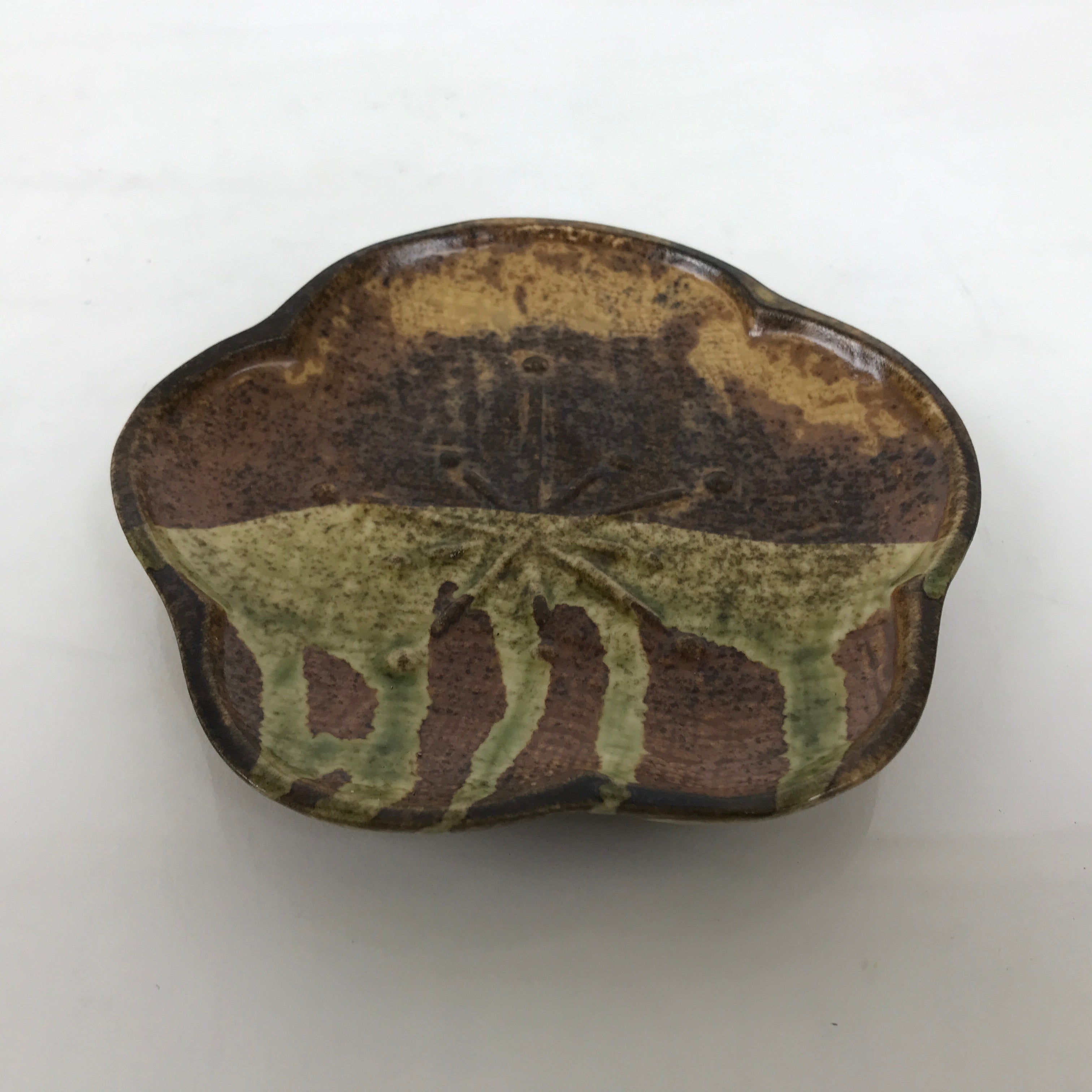 Japanese Oribe Ceramic Small Plate Kozara Pottery Green Brown Plum Blossom Y570
