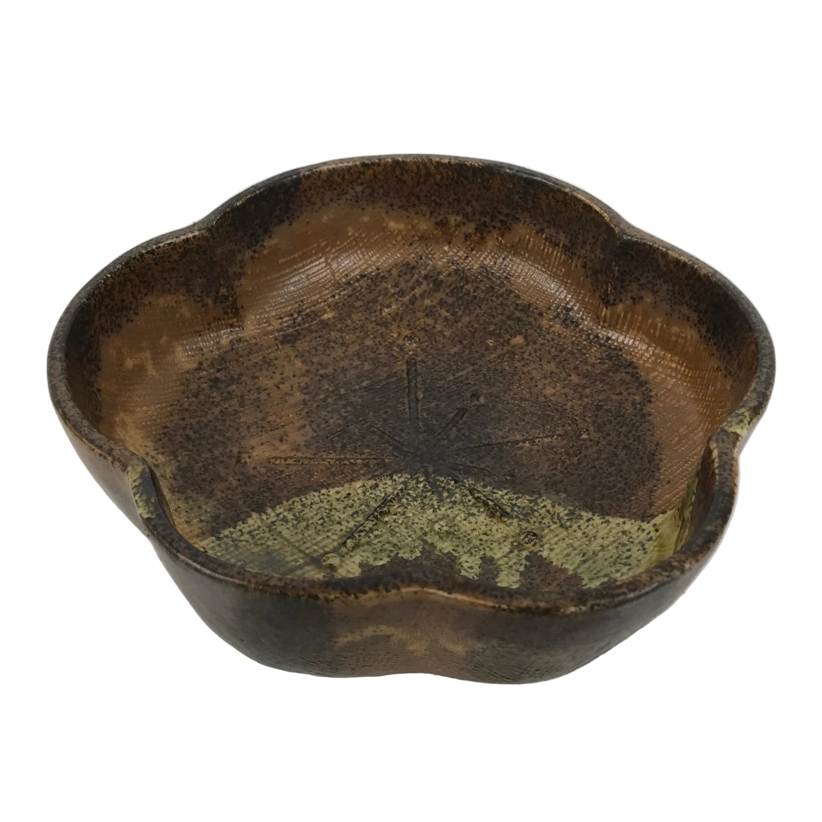 Japanese Oribe Ceramic Snack Bowl Vtg Kashiki Pottery Plum Blossom Brown Y573