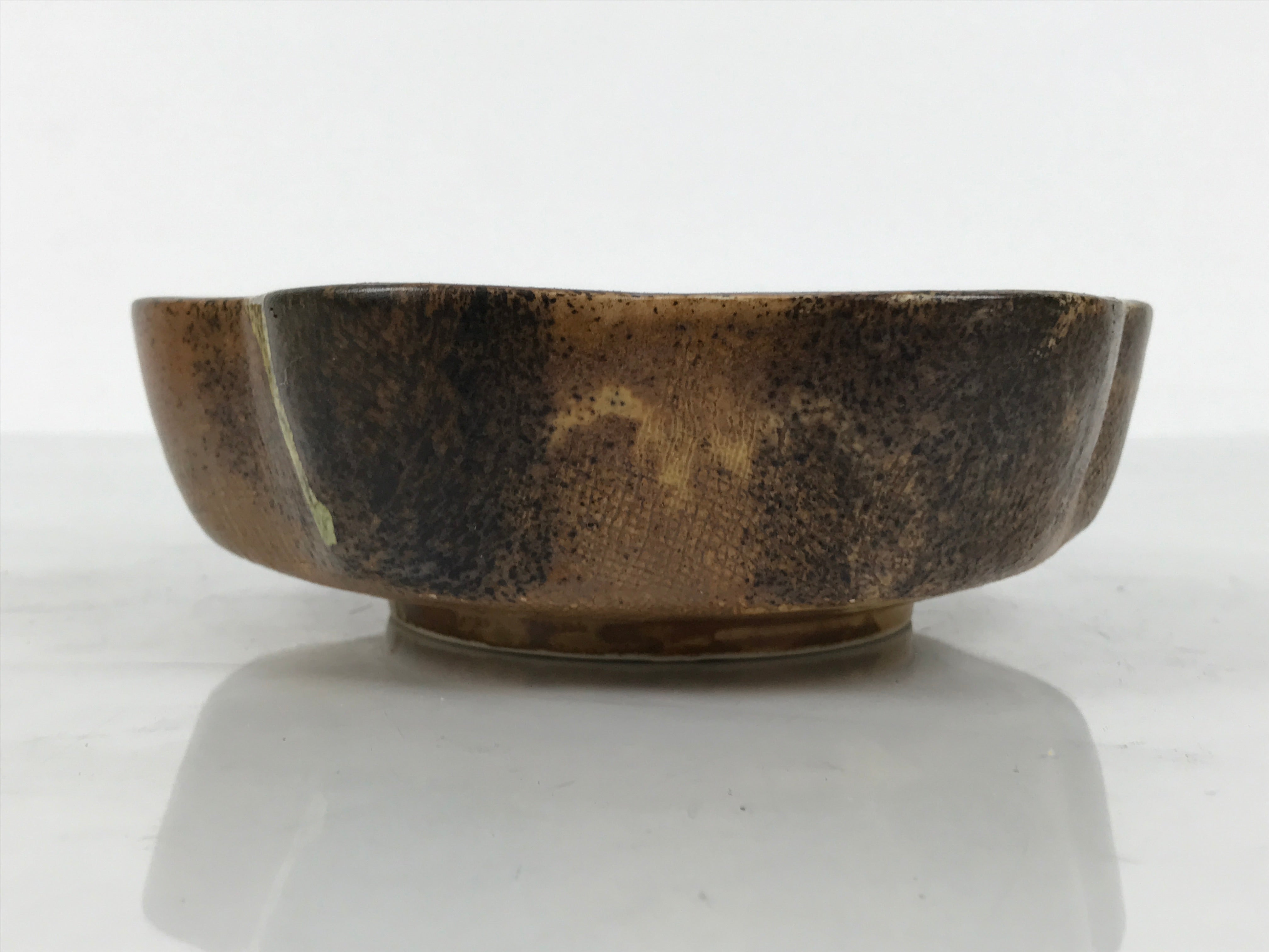 Japanese Oribe Ceramic Snack Bowl Vtg Kashiki Pottery Plum Blossom Brown Y573