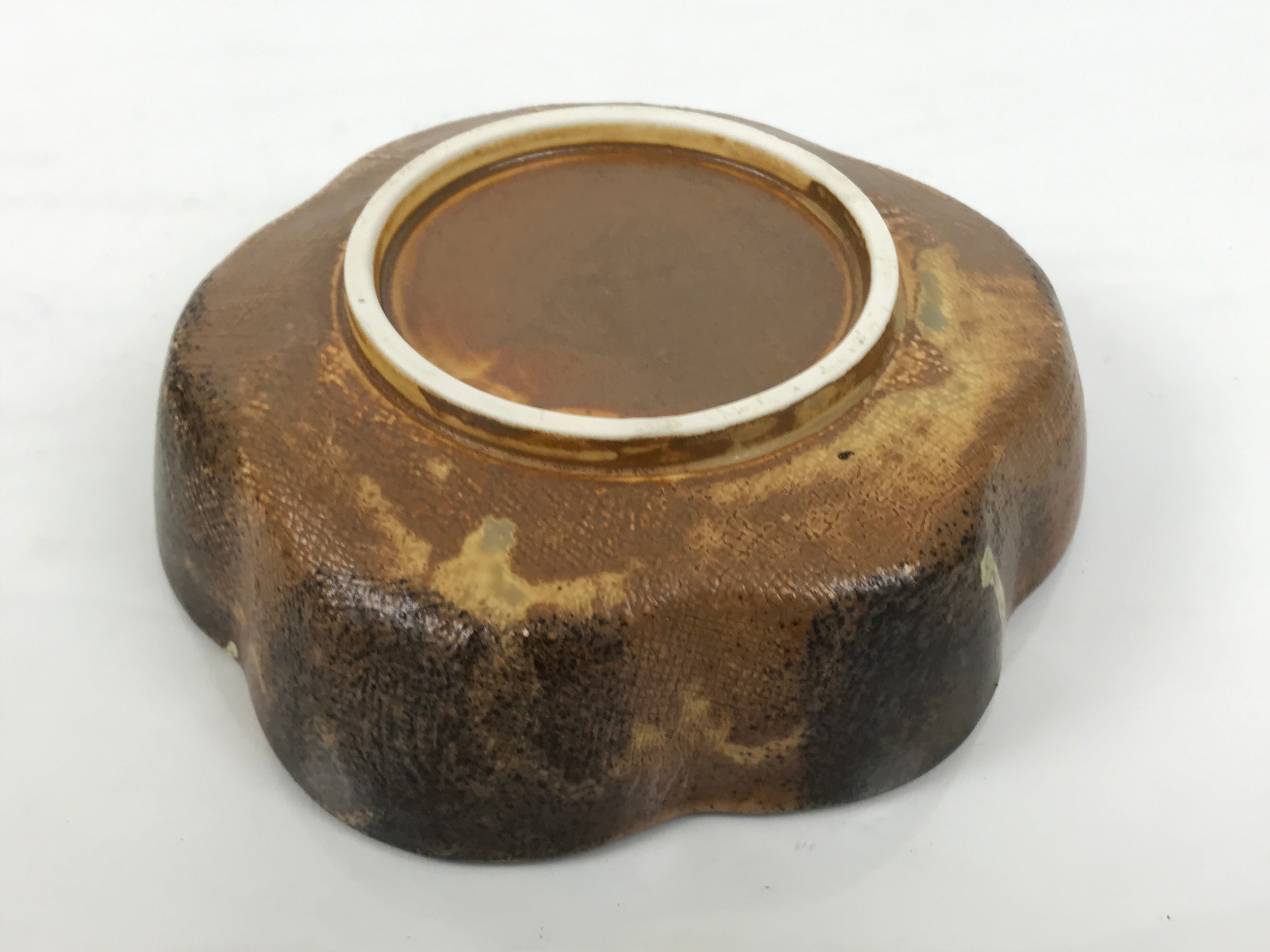 Japanese Oribe Ceramic Snack Bowl Vtg Kashiki Pottery Plum Blossom Brown Y573