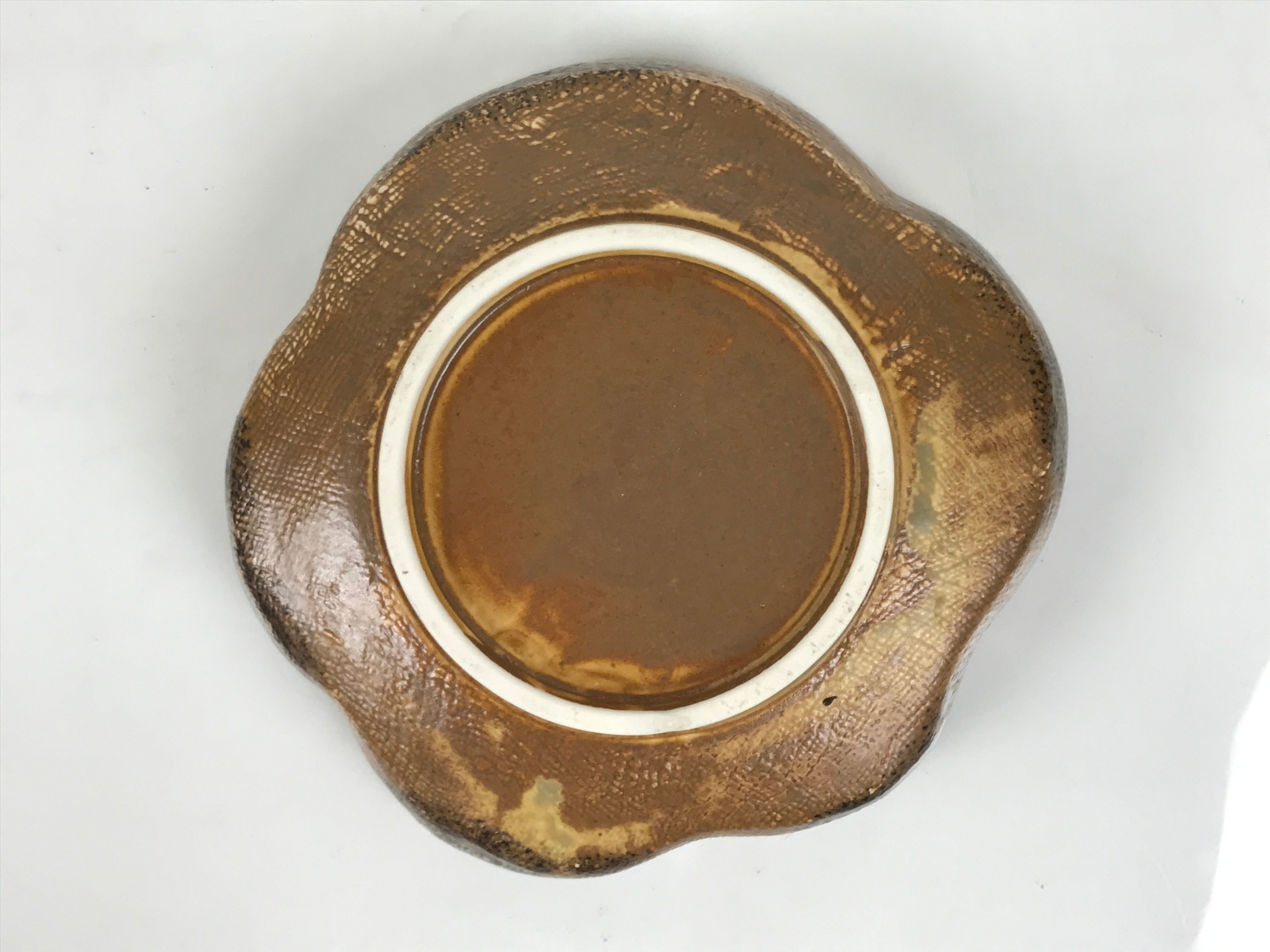 Japanese Oribe Ceramic Snack Bowl Vtg Kashiki Pottery Plum Blossom Brown Y573