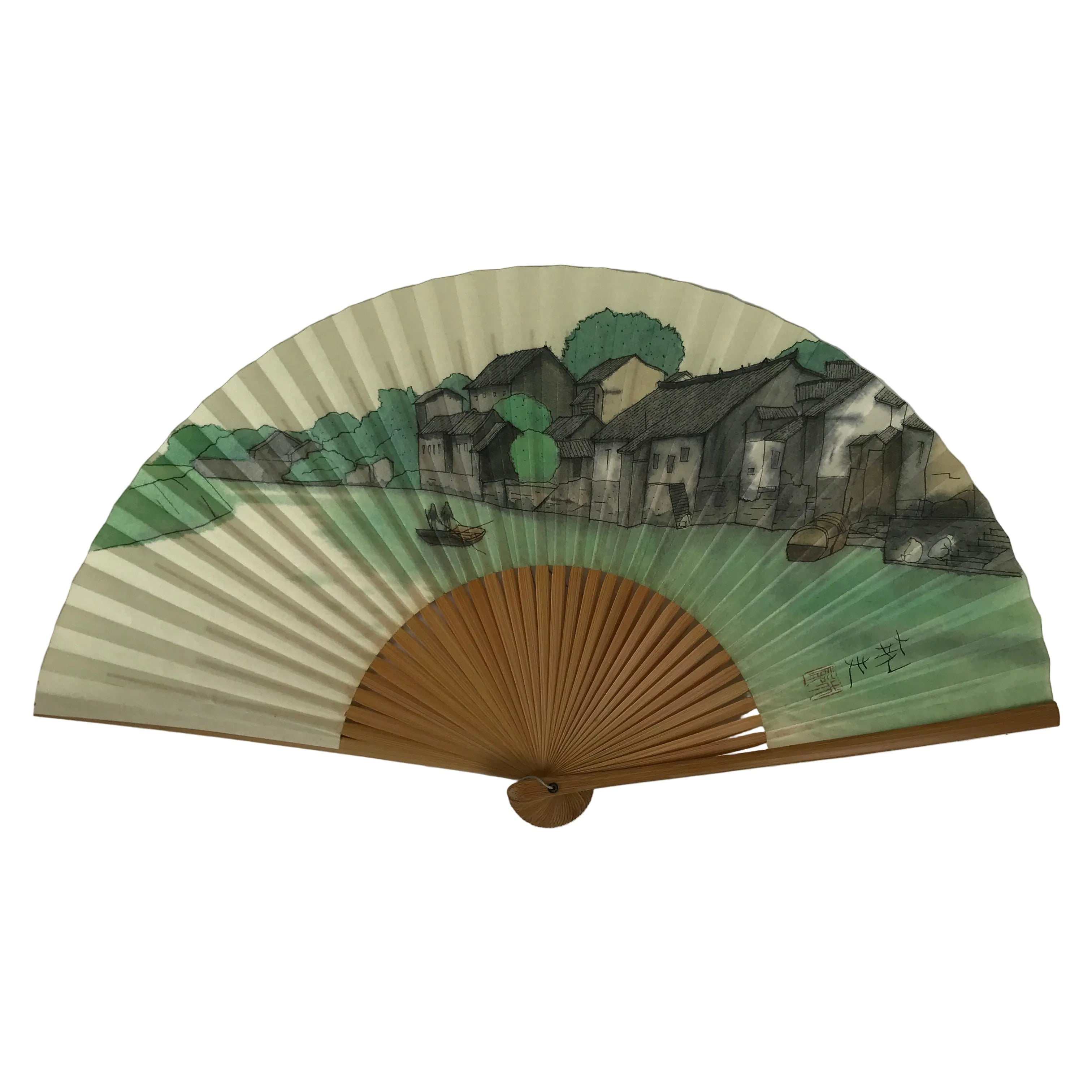 Japanese Paper Folding Fan Sensu Vtg Bamboo Frame Beige Green Town River 5D43
