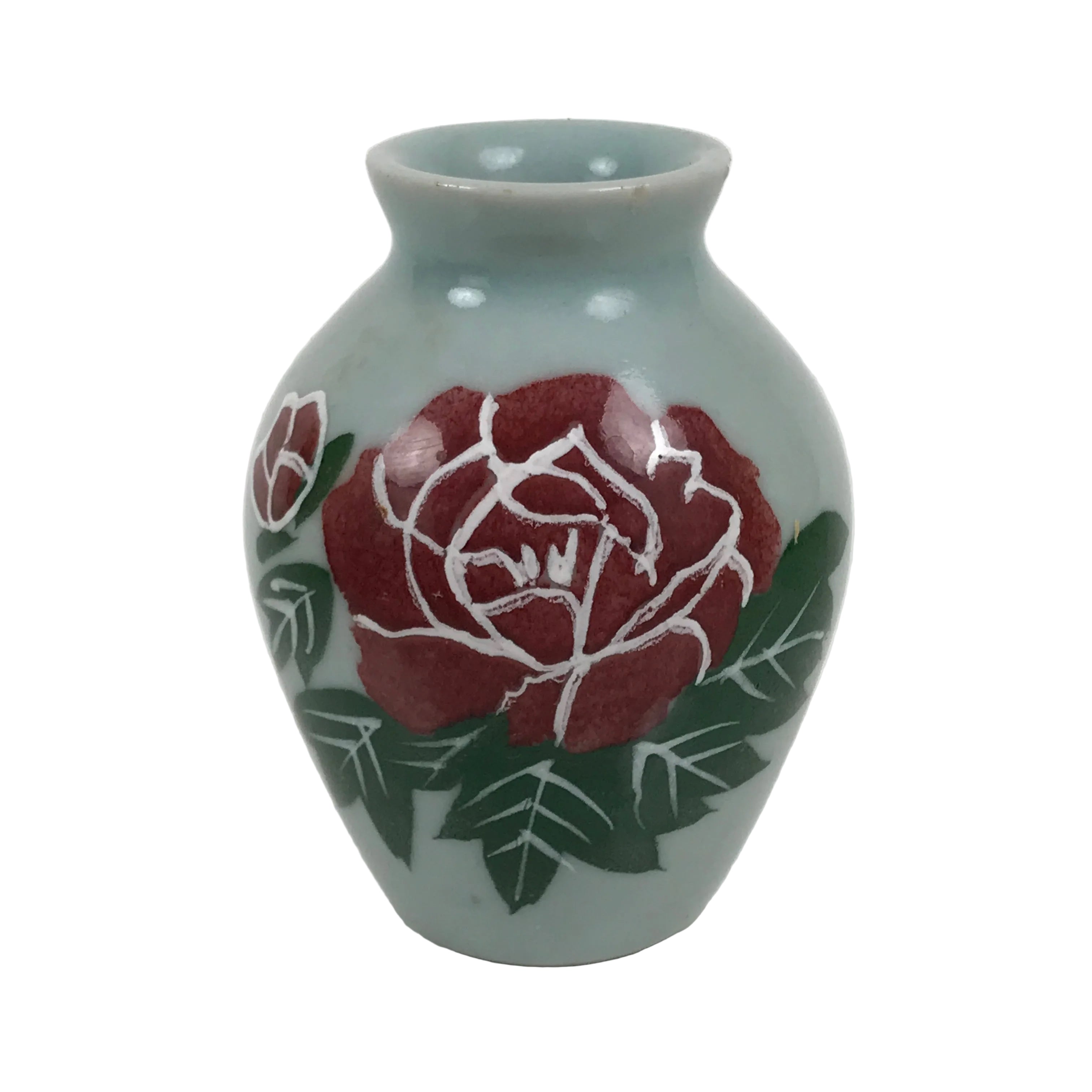 Japanese Porcelain Flower Vase Vtg Celadon Green Kabin Seiji Peony Floral FK235