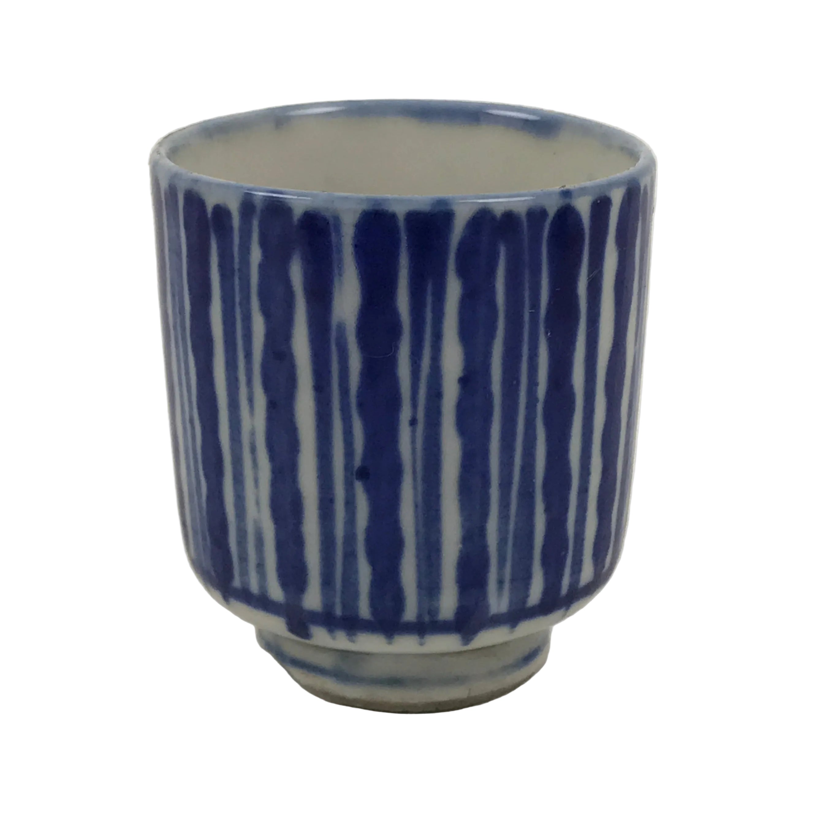 Japanese Porcelain Yunomi Teacup Pottery Vtg White Blue Sometsuke Stripe TC618